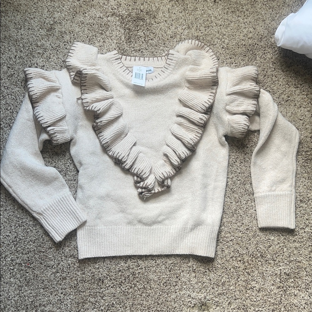 En Saison Size XS NWT Rene Ruffle-Trim Sweater in Tan